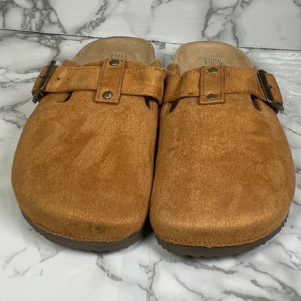 TIME AND TRU Women's 6 Tan Chestnut Faux Suede Cork Clog Slip On Shoes NWOT NEW - Picture 4 of 7